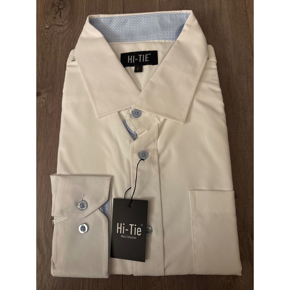 Hi-Tie Mens White Dress Shirt Long Sleeve Button Down Contrast Trim Large NEW